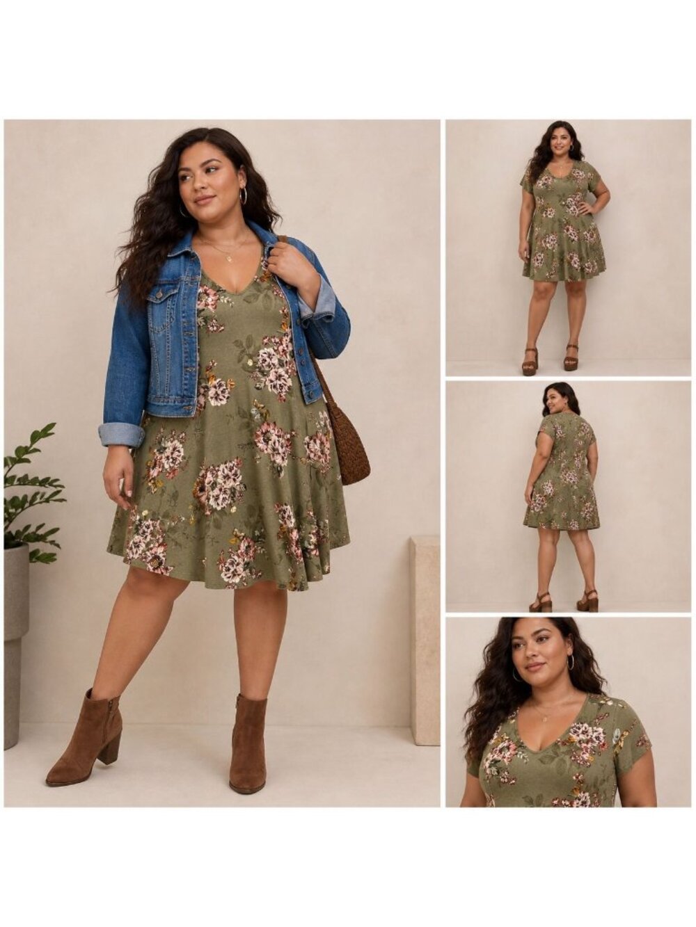 Torrid Womens Mini Jersey Skater Dress Olive Floral Short Sleeve Neck Plus 2| 2X